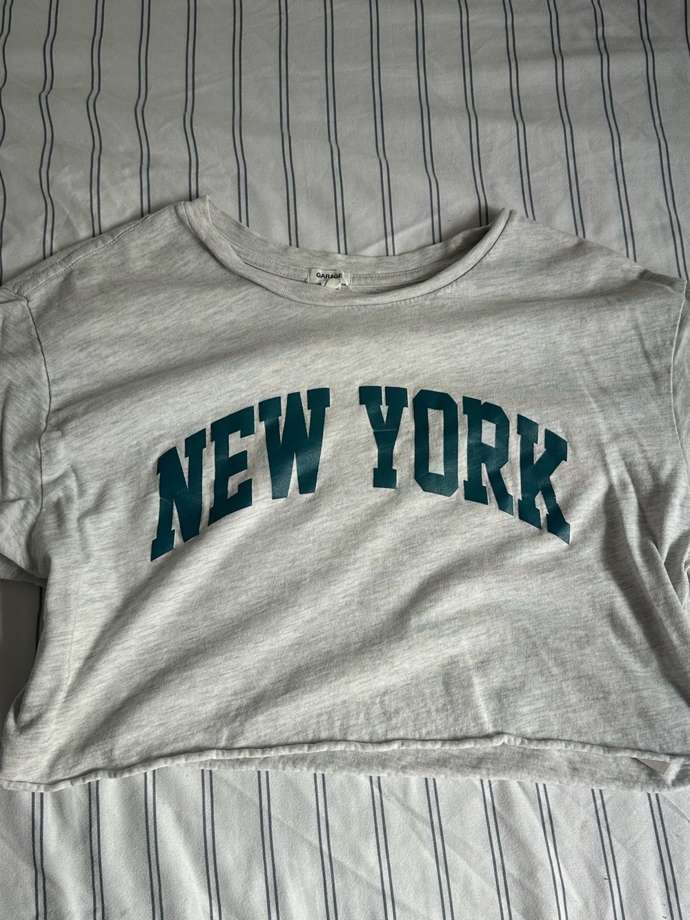 garage  White Crop T-Shirt with Teal "New York" Print